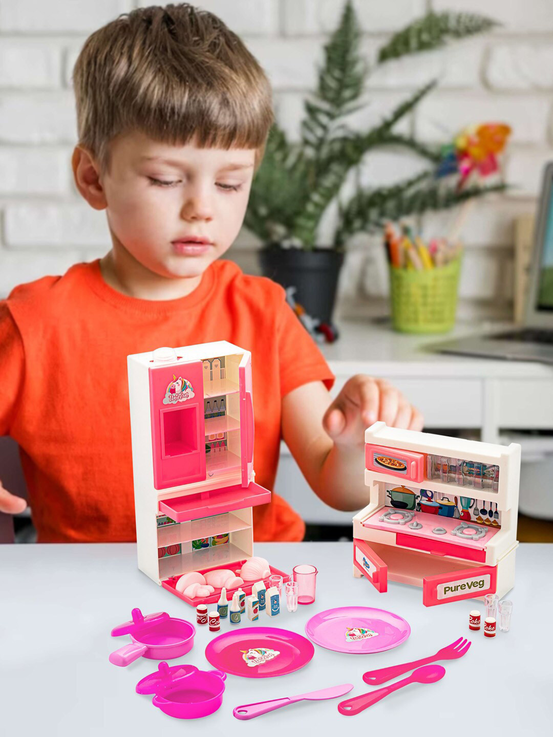 WEMBLEY Kids 27 Pieces Unicorn Kitchen Set With Plastic Kitchen Stand Utensils & Fridge