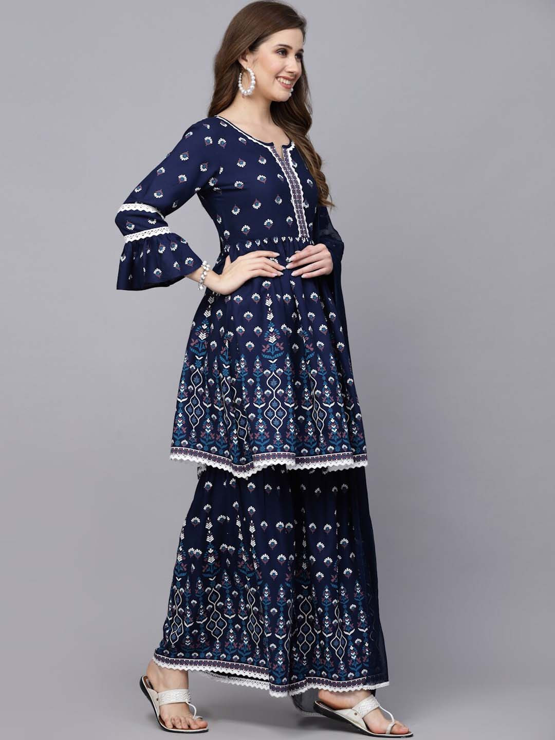 Stylum Navy Blue & White Floral Printed Empire Kurta With Sharara & Dupatta