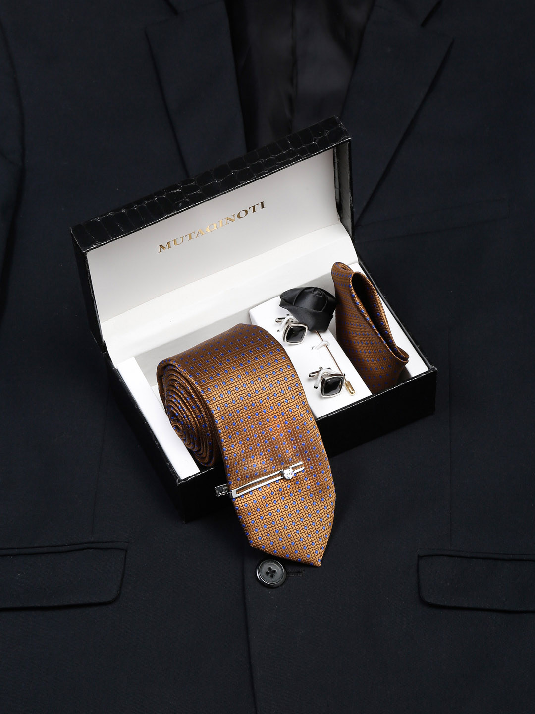 MUTAQINOTI Men Textured Silk Necktie Accessory Gift Set