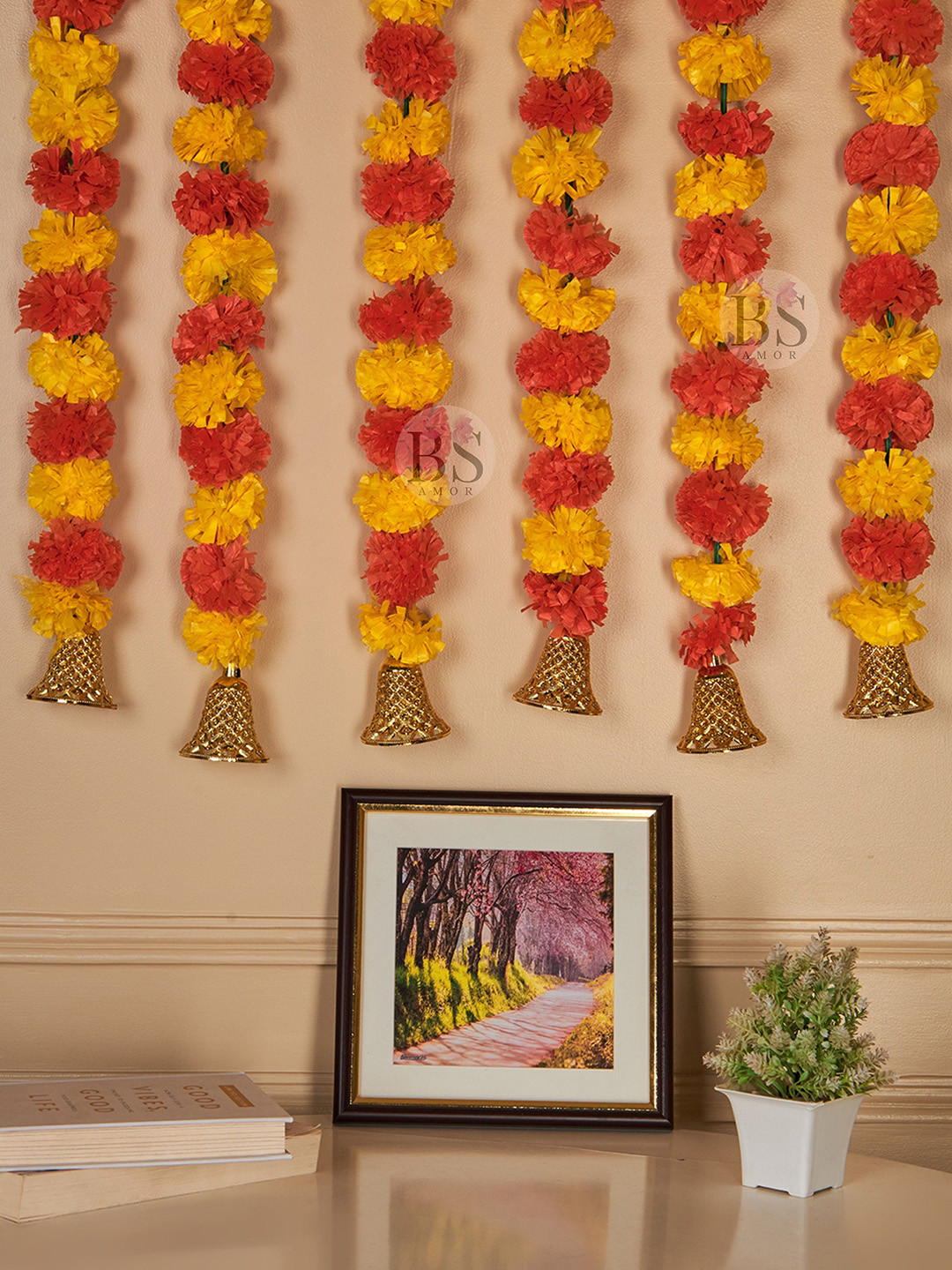 BS AMOR Yellow & Orange 4 Pieces Marigold Fluffy Artificial Creeper Bail