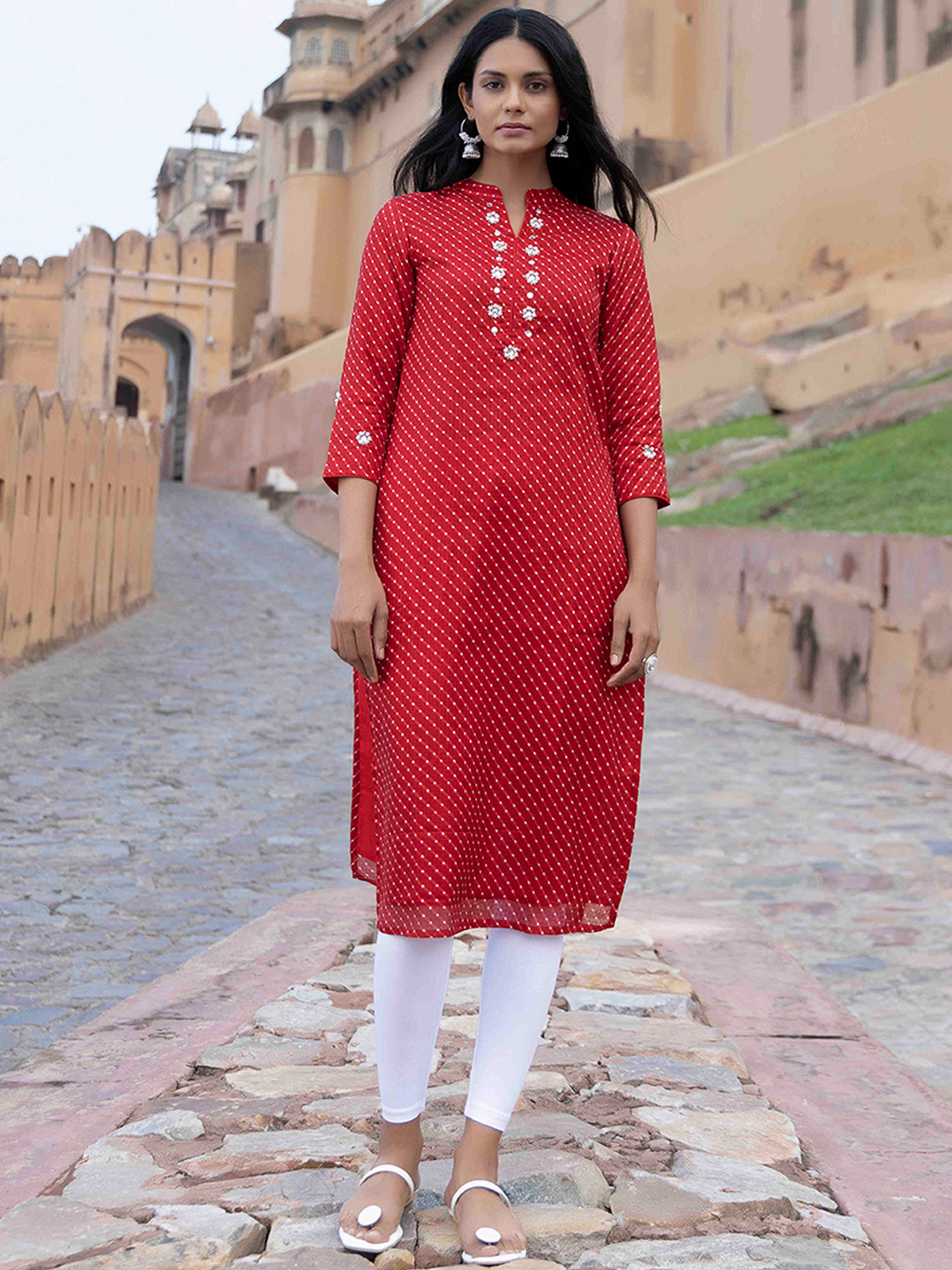 Ragavi Geometric Printed Stones and Beads detail Pure Cotton Straight Kurta