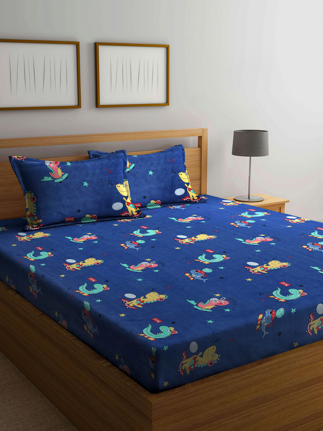Arrabi Blue Cartoon Characters Cotton 300 TC Fitted King Fine Bedsheet with 2 Pillow Covers-245 x 228 cm