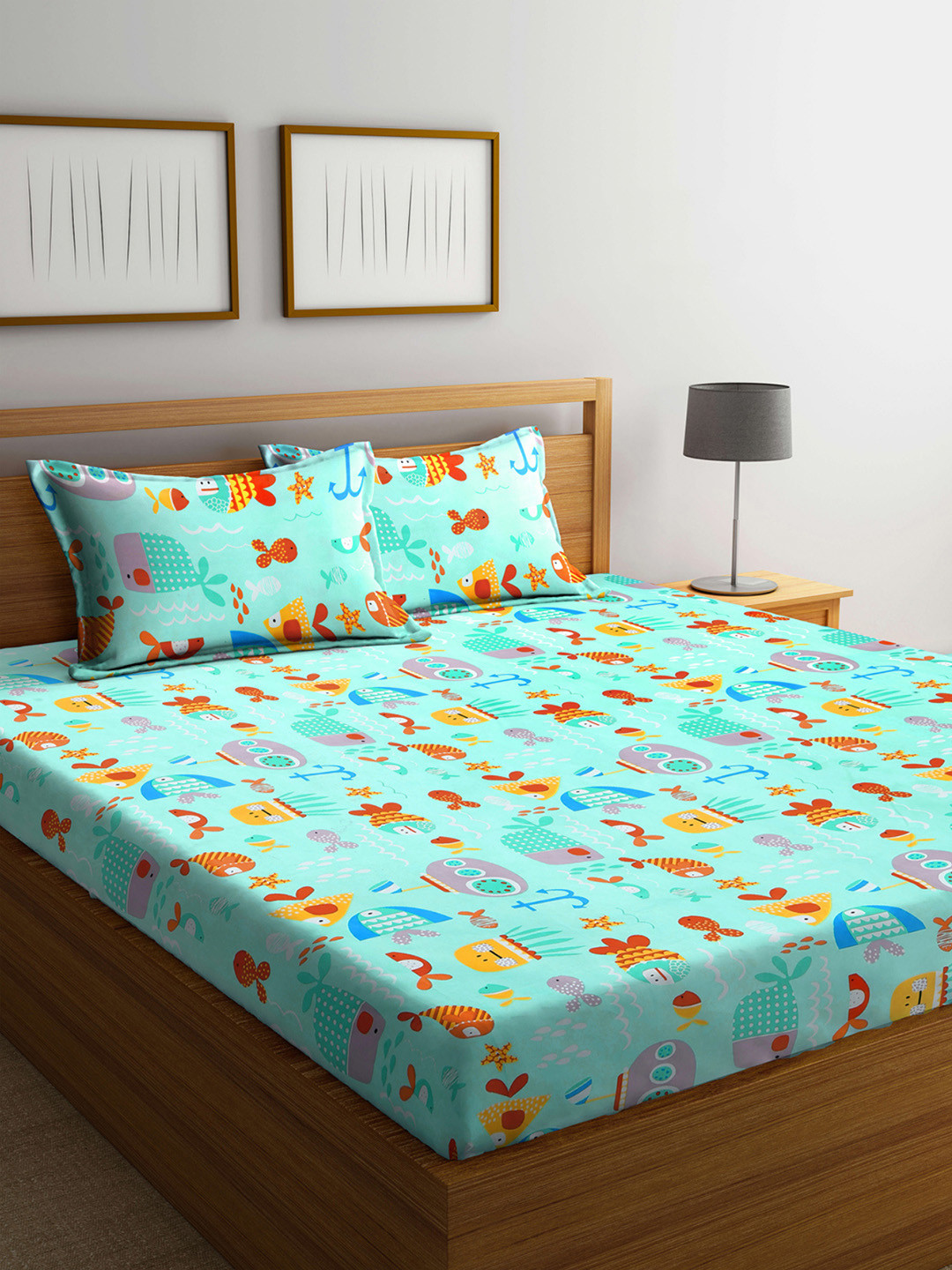 Arrabi Prisham Green Conversational Cotton 300 TC Fitted King Fine Bedsheet with 2 Pillow Covers-270 x 260 cm