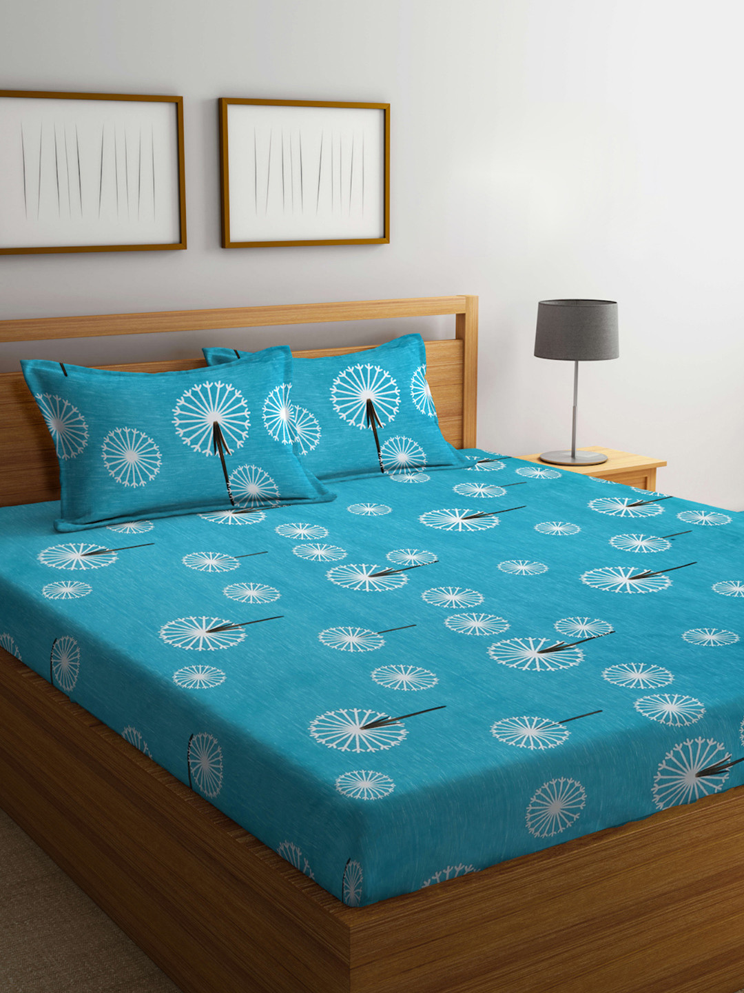 Arrabi Teal Floral Polycotton 300 TC Fitted King Superfine Bedsheet with 2 Pillow Covers-270 x 260 x 1 cm