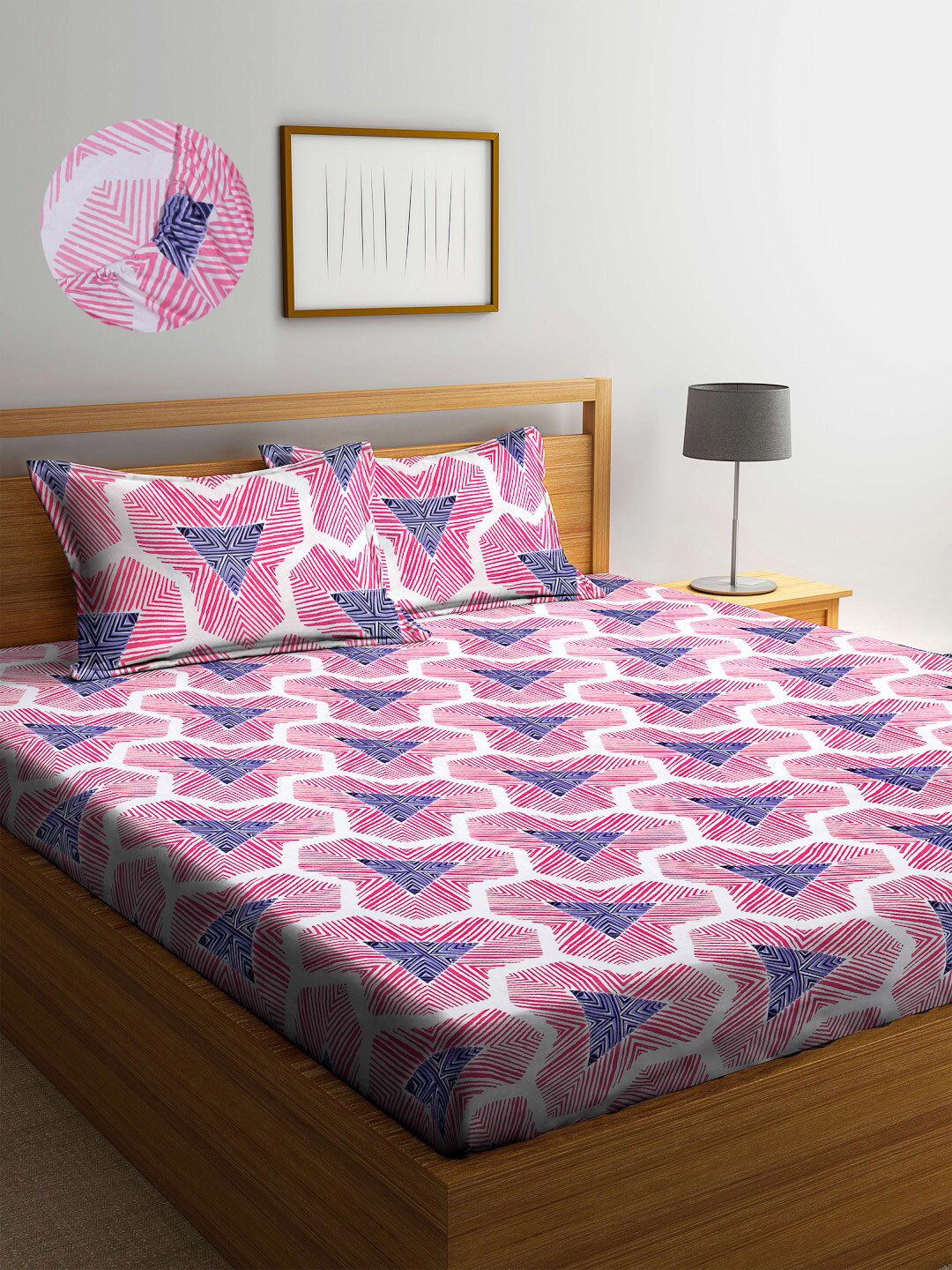 Arrabi Pink Graphic Polycotton 300 TC Fitted King Fine Bedsheet with 2 Pillow Covers-250 x 215 cm