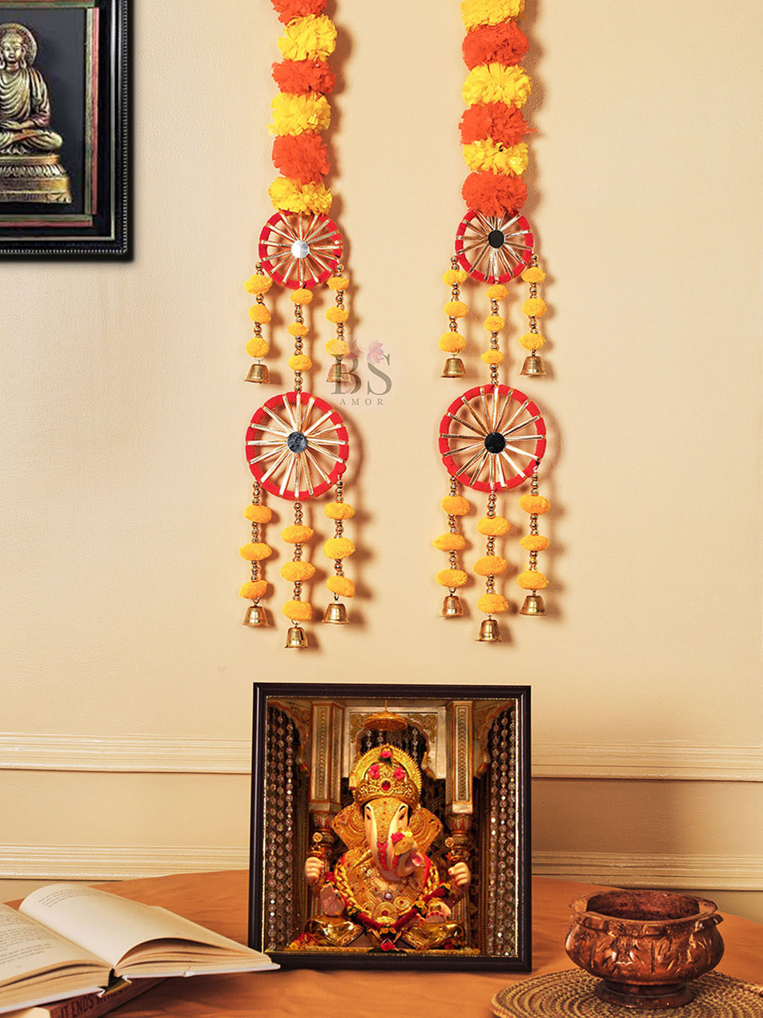 BS AMOR Yellow & Orange Coloured 2 Pieces Marigold Fluffy Artificial Creeper Bail