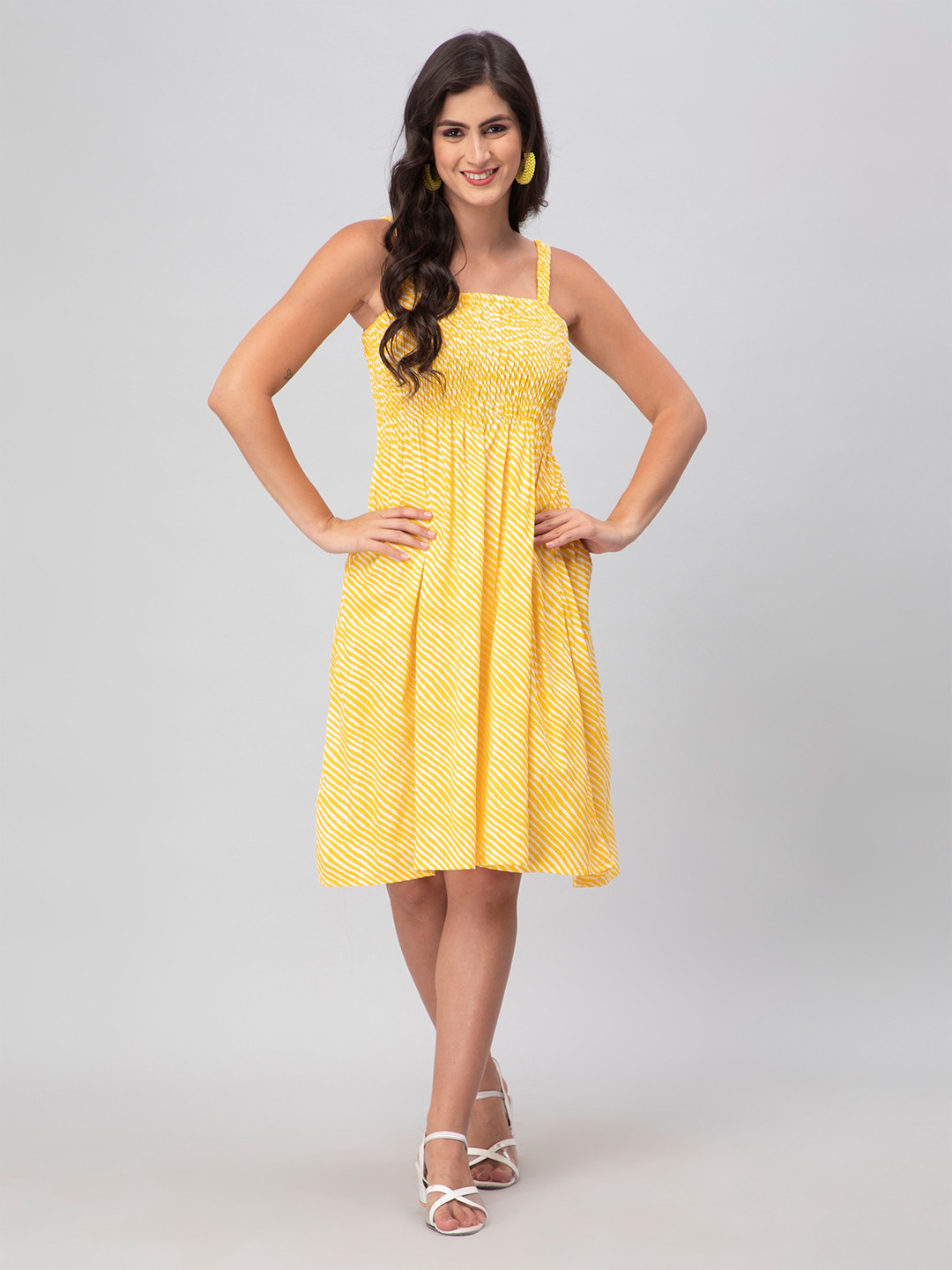 Aditi Wasan Striped Shoulder Strap Smocked Fit & Flare Dress