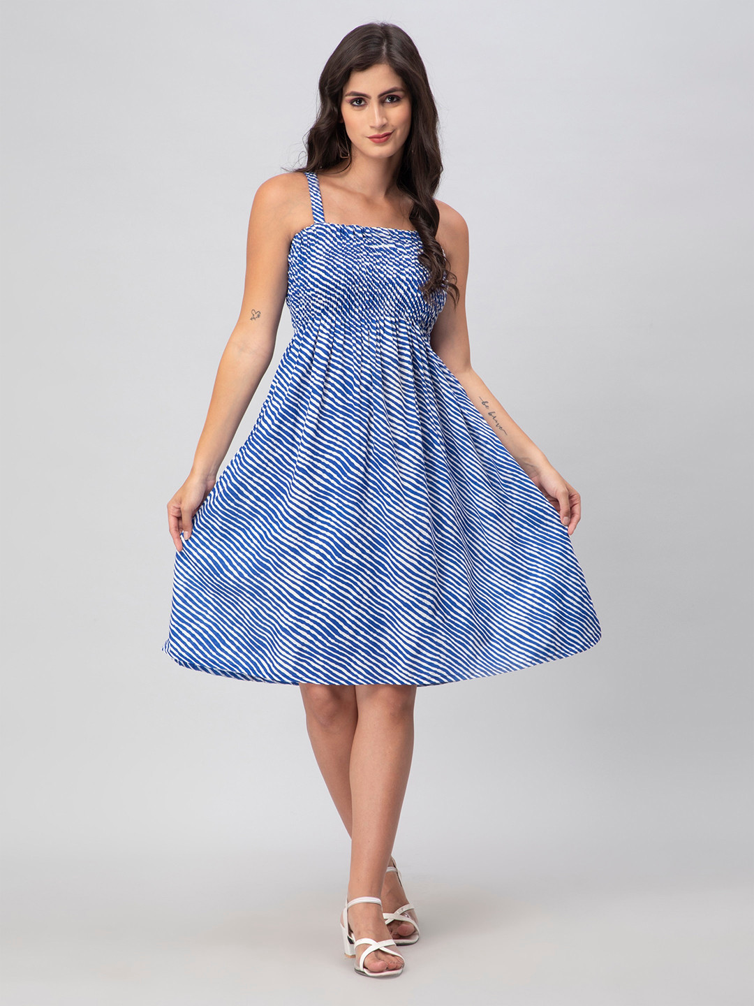 Aditi Wasan Striped Shoulder Strap Smocked Fit & Flare Dress