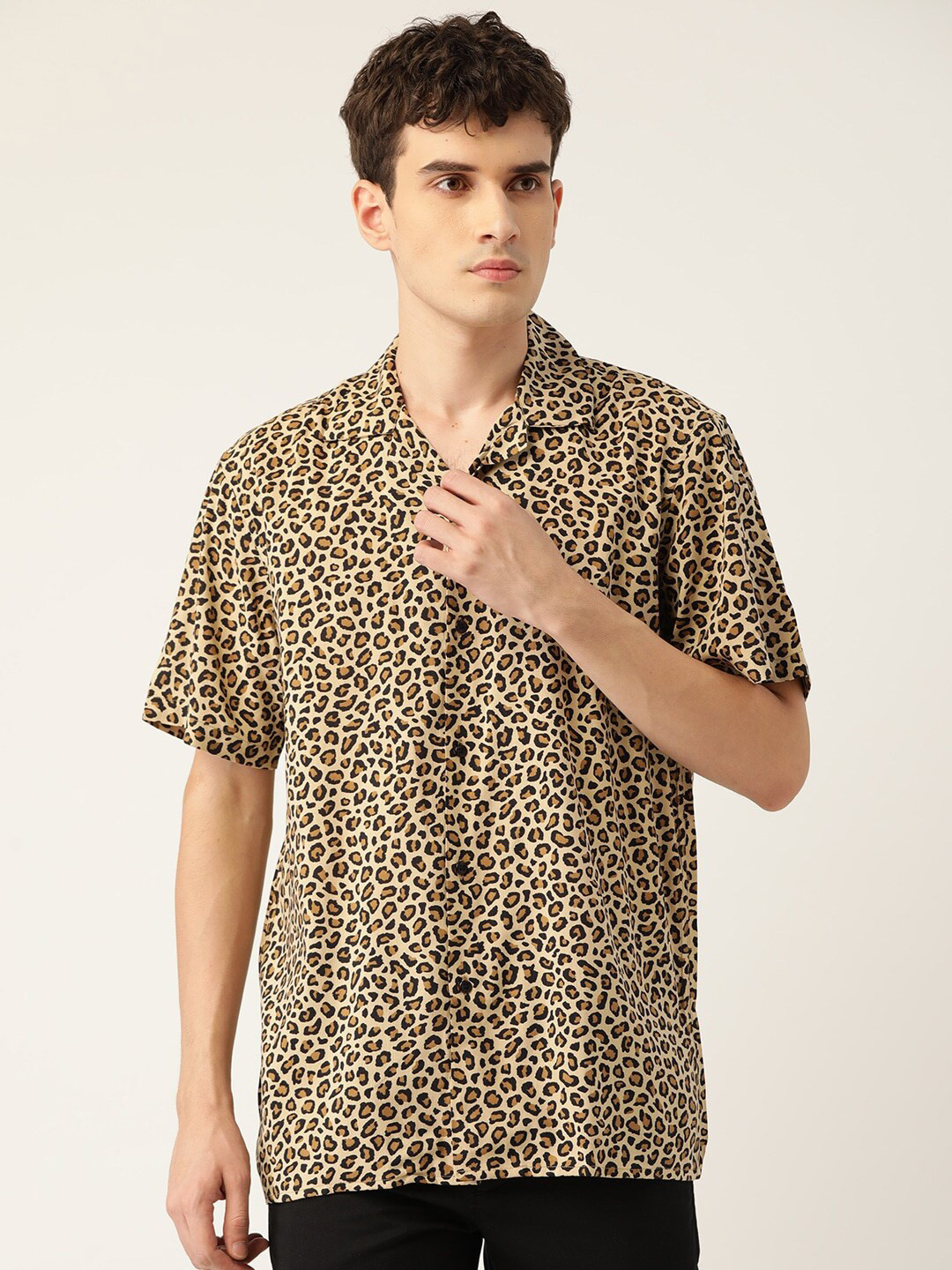 Hancock New Animal Printed Cuban Collar Short Sleeves Casual Shirt