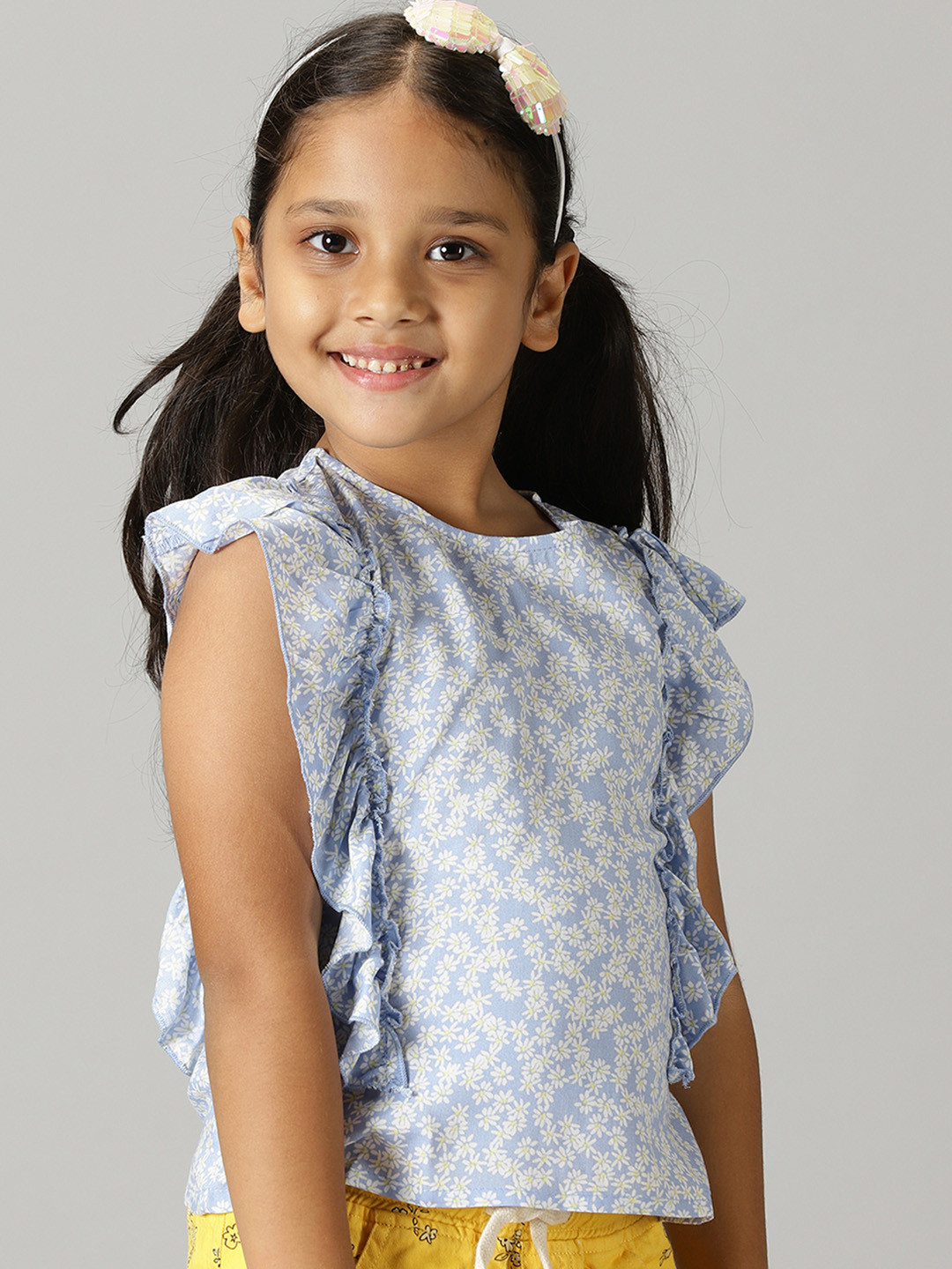 KiddoPanti Girls Floral Printed Ruffles Top