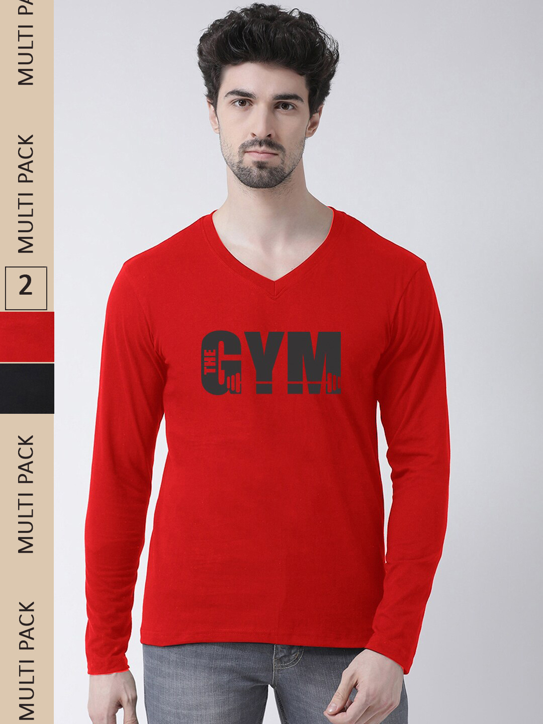 Friskers Pack Of 2 Typography Printed V-Neck Long Sleeve Pure Cotton Slim Fit T-shirts