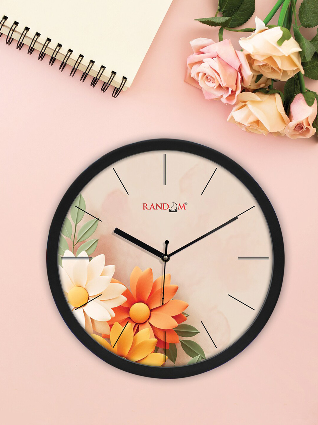 RANDOM Black & Peach Flower Modern Stylish Analogue Contemporary Wall Clock