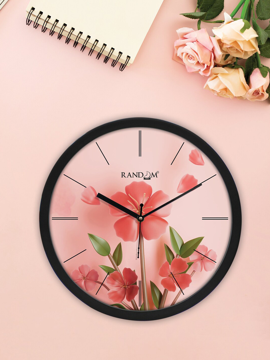 RANDOM Flowers Pink Plastic Long service life Round Battery Analogue Wall Clock-30cm