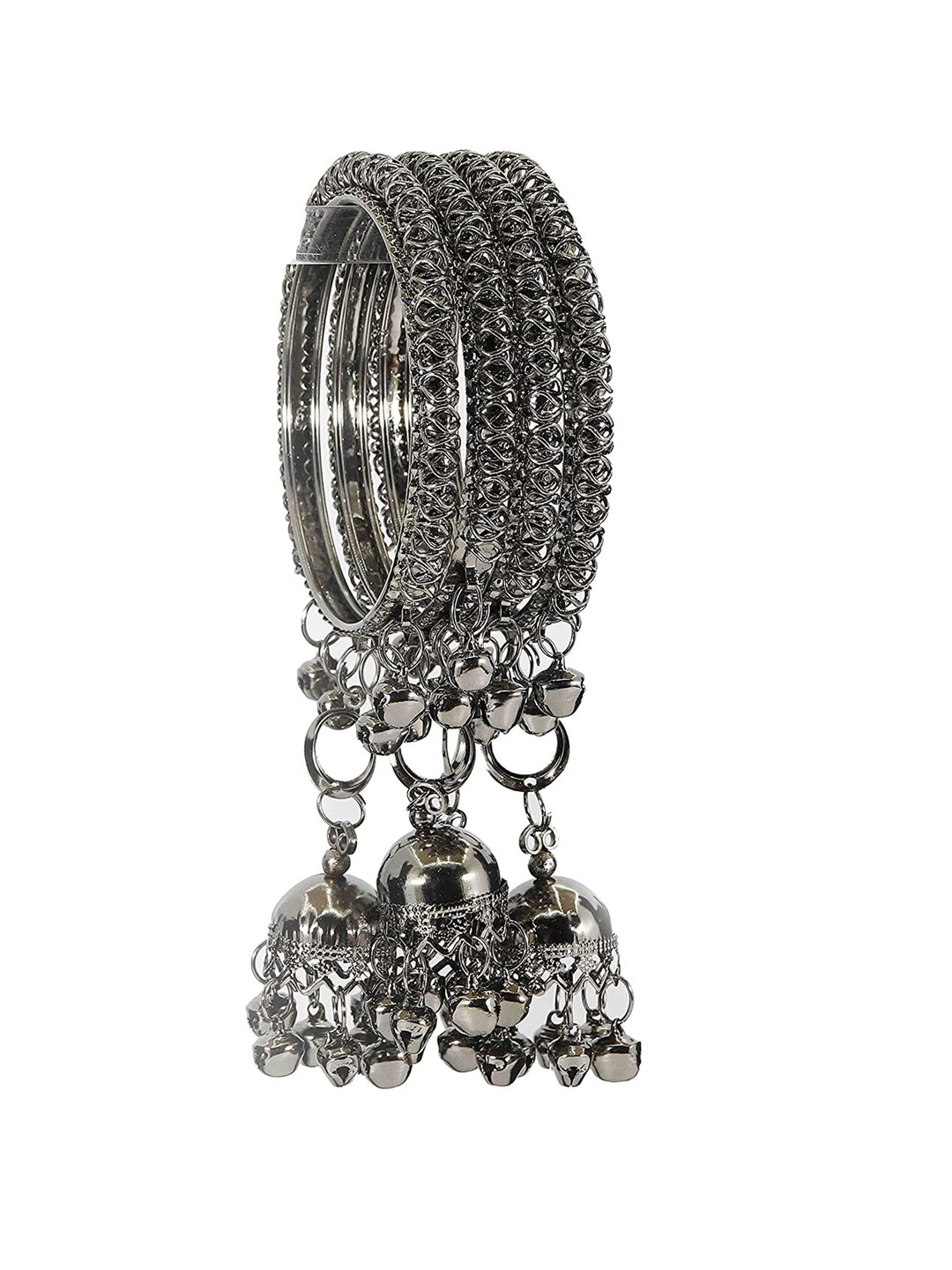 NMII Pack Of 4 Silver-Plated & Pearl Studded Bangles
