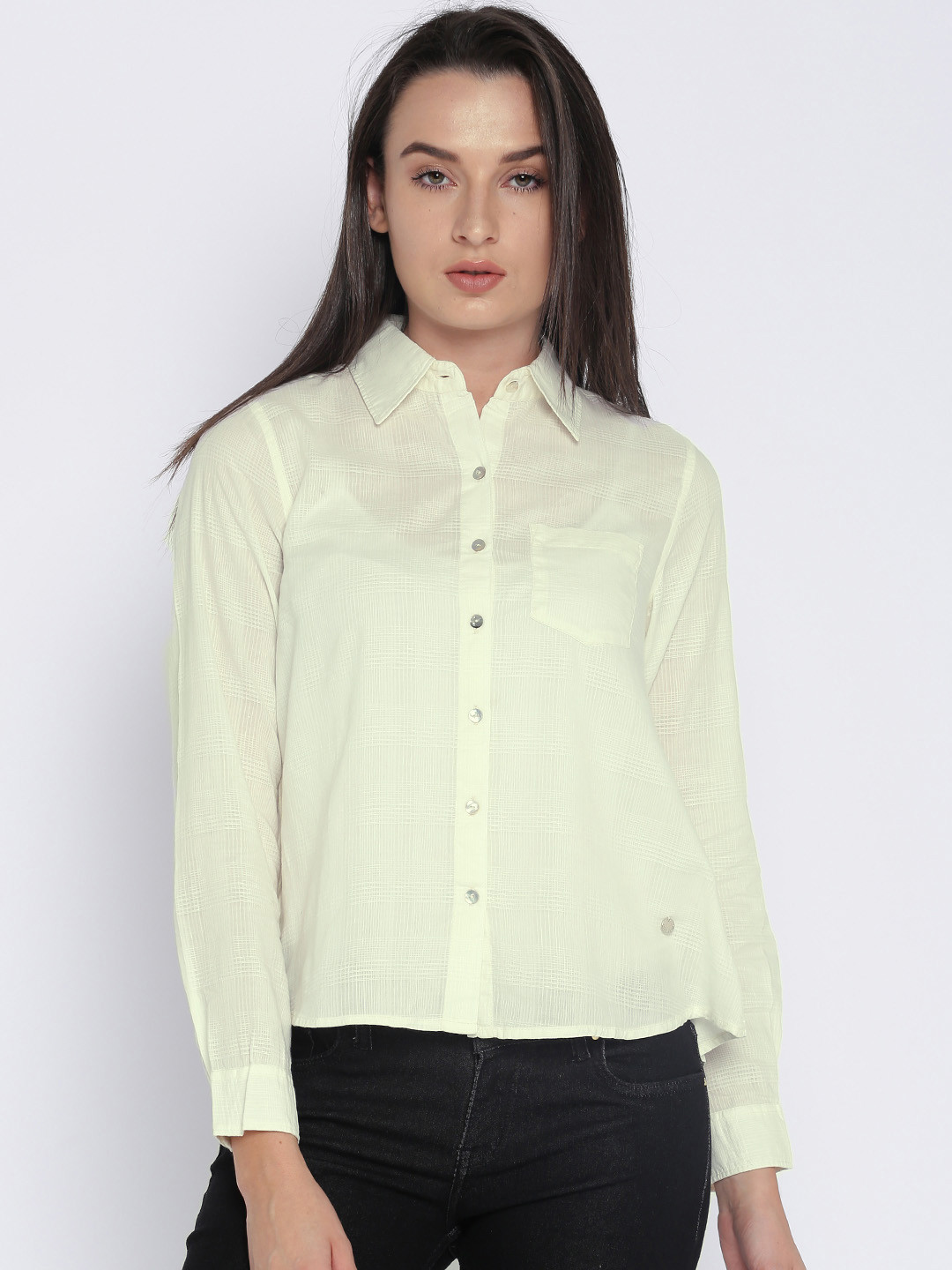 Pepe Jeans Women Cream-Coloured Regular Fit Checked Casual Shirt