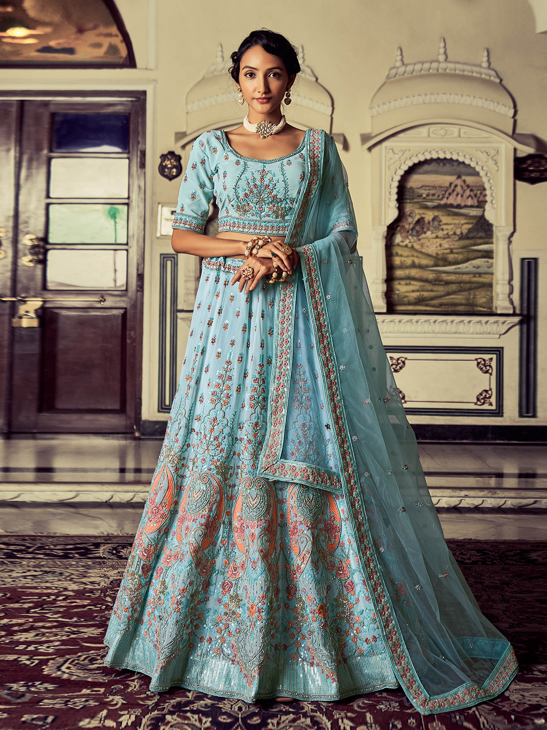 Fusionic Embellished Thread Work Semi-Stitched Lehenga & Unstitched Blouse With Dupatta