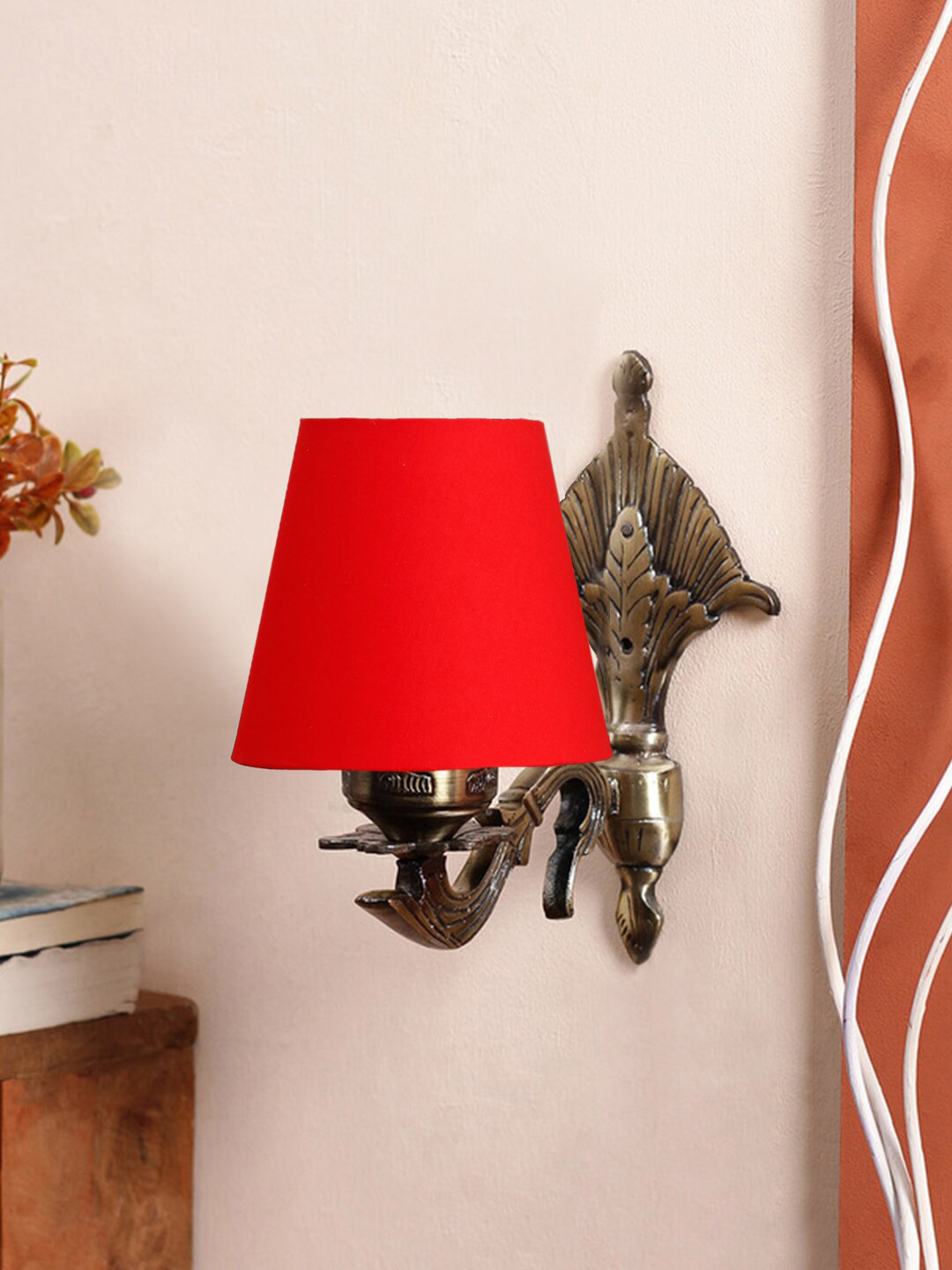 Devansh Red Antique Wall Lamp With Cotton Conical Shade