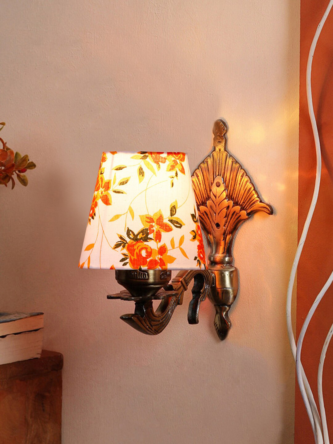 Devansh Orange-Colored & White Antique Wall Lamp With Printed Cotton Conical Shade