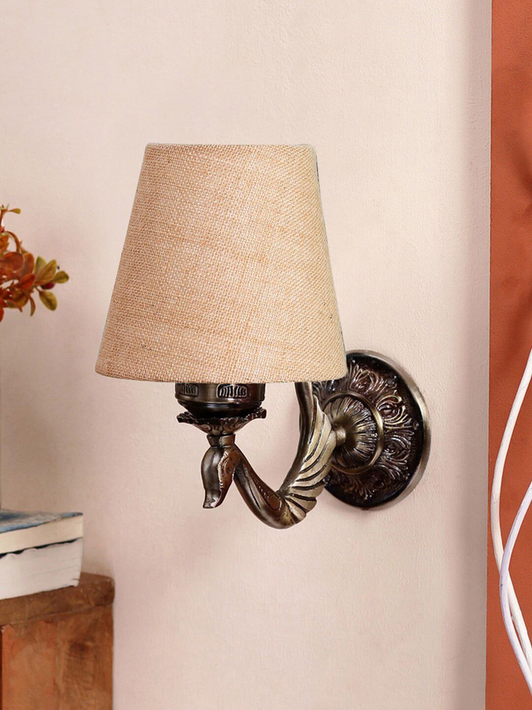 Devansh Beige Textured Antique Wall Lamp With Jute Conical Shade
