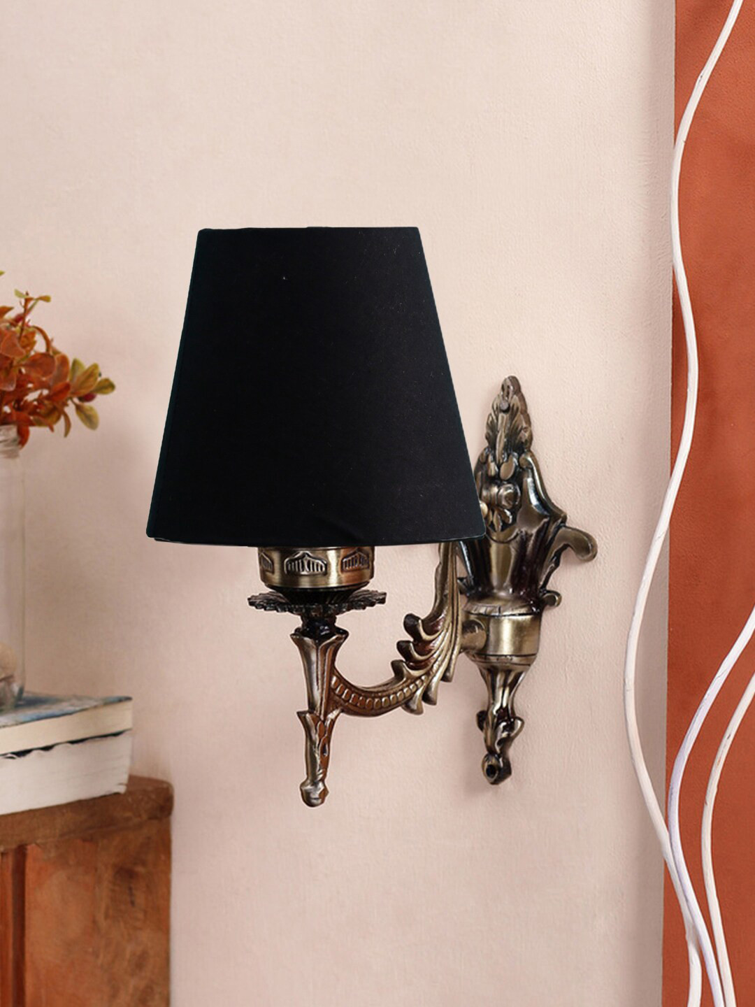 Devansh Black Antique Wall Lamp With Cotton Conical Shade