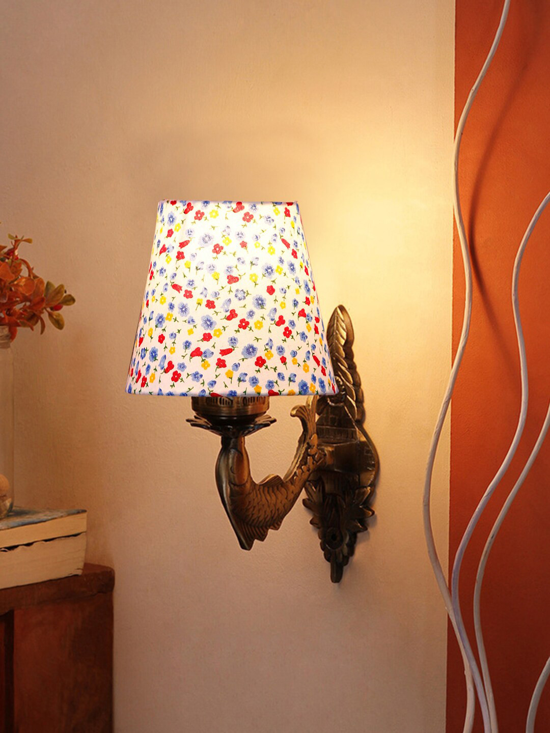 Devansh Antique Gold-Toned & White Fish Wall Lamp With Printed Cotton Conical Shade