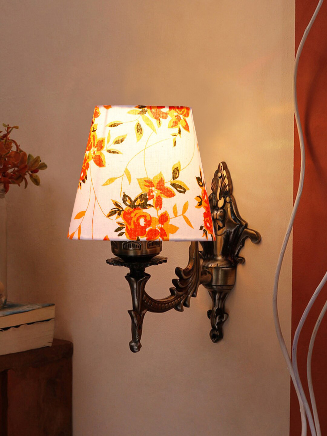 Devansh White & Orange Antique Wall Lamp With Cotton Conical Shade