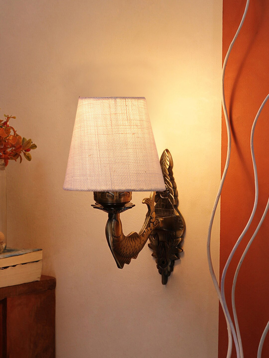 Devansh White Textured Antique Wall Lamp With Jute Conical Shade
