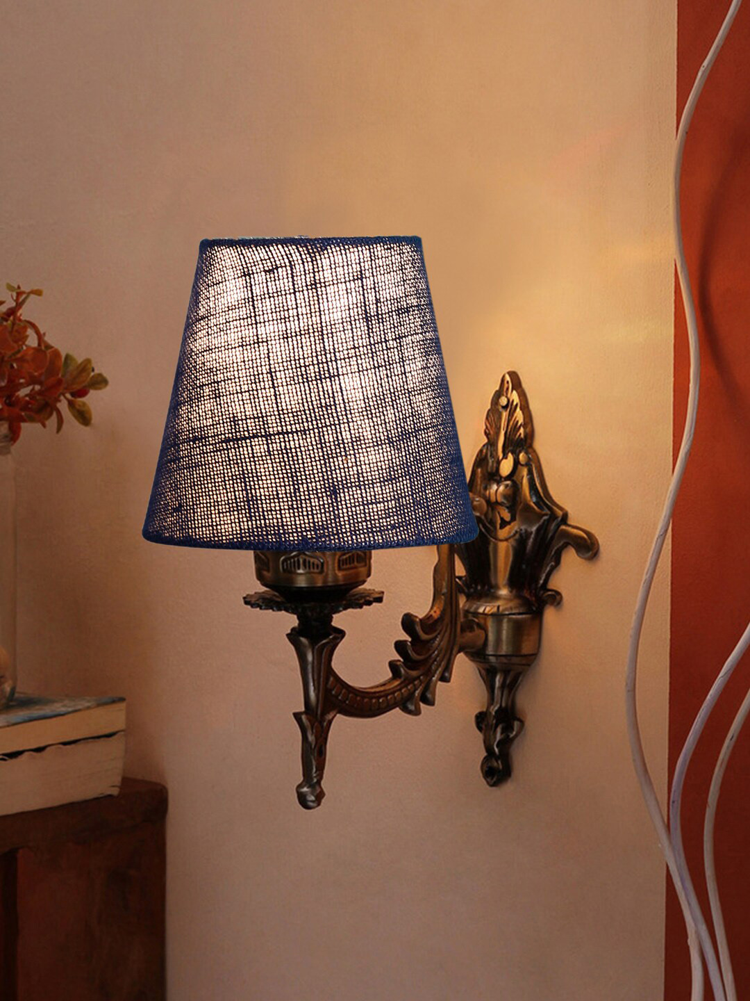 Devansh Blue Antique Wall Lamp With Cotton Conical Shade