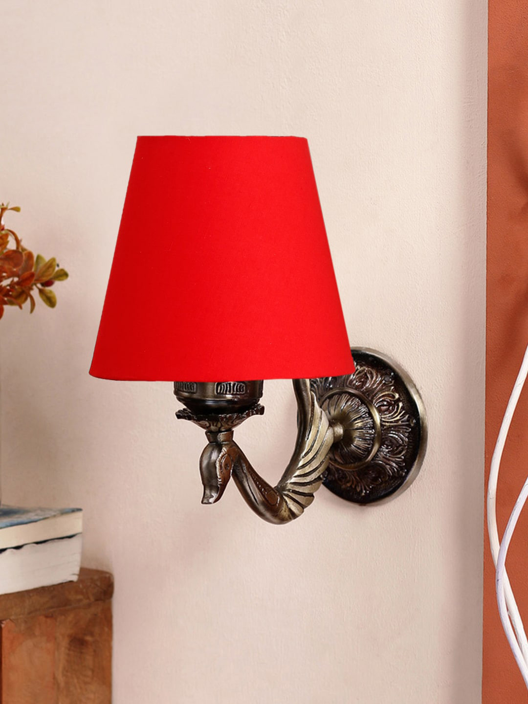 Devansh Red Textured Antique Wall Lamp With Cotton Conical Shade