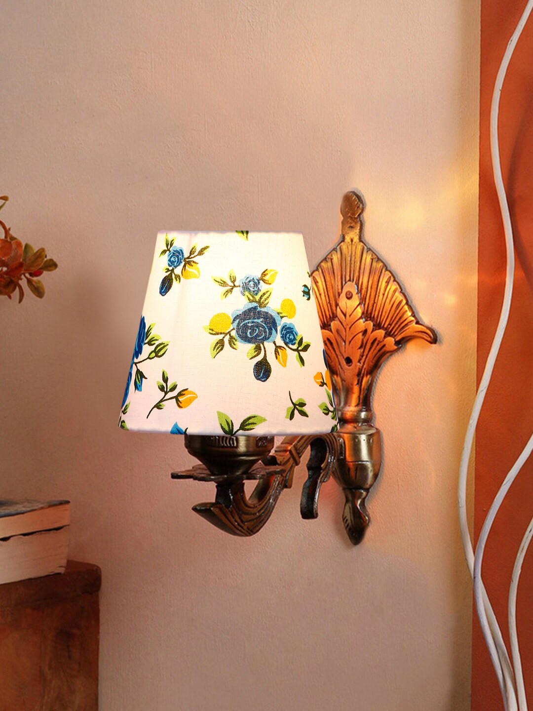 Devansh White & Blue Printed Wall Lamp With Cotton Conical Shade