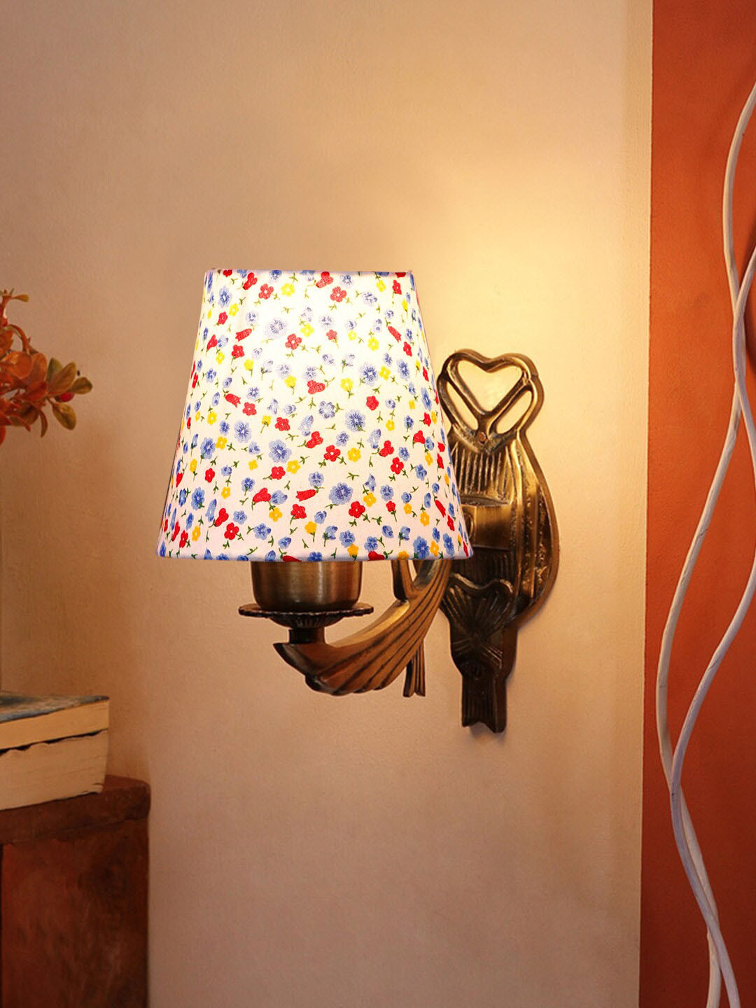 Devansh White & Blue Printed Antique Wall Lamp With Cotton Conical Shade