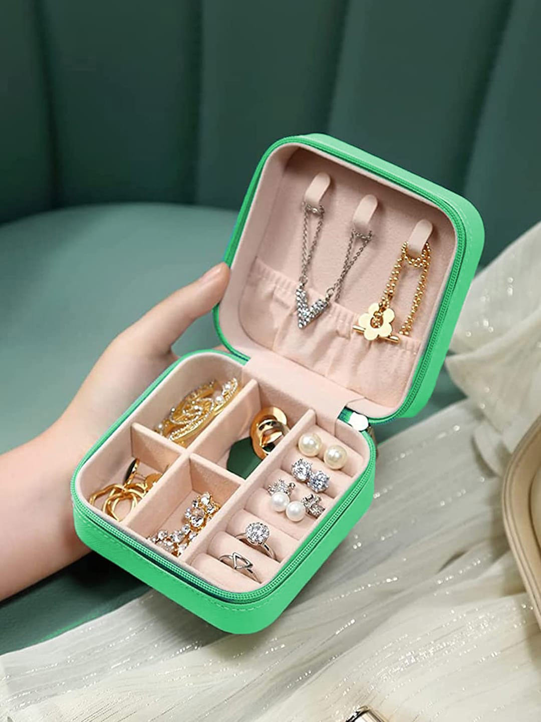 YouBella Women Green Portable Jewellery Watch & Make Up Travel Case