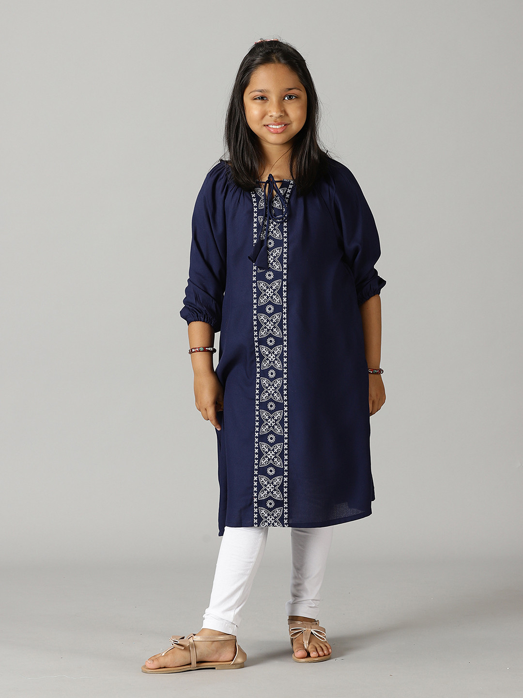 KiddoPanti Girls Embroidered Thread Tie Up neck Work A-Line Kurta