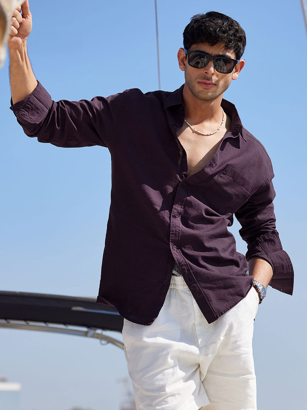 The Souled Store Purple Relaxed Fit Cotton Linen Casual Shirt