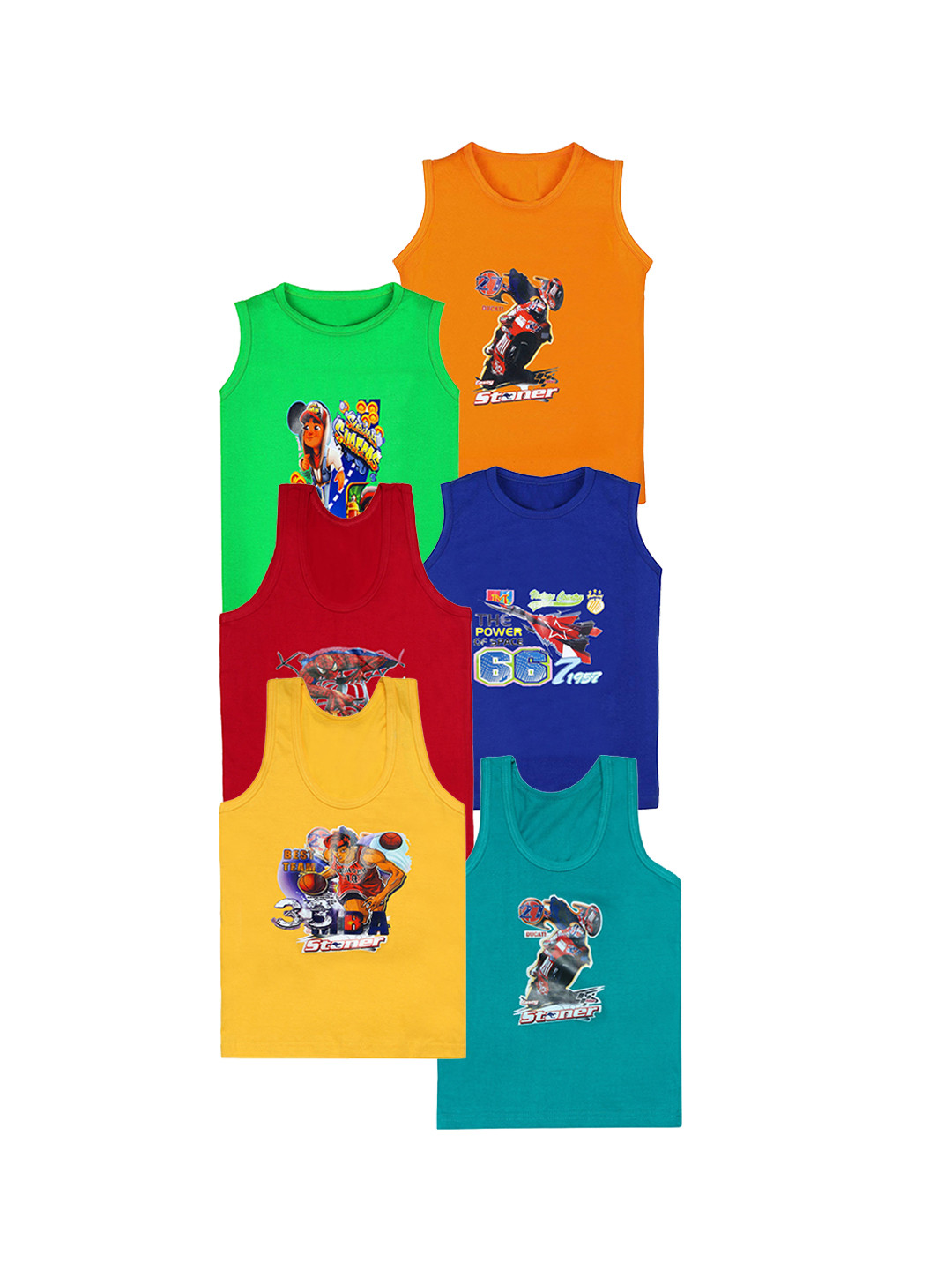 CARELOVE Boys Pack Of 6 Printed Body Hugging Undershirt Innerwear Vests
