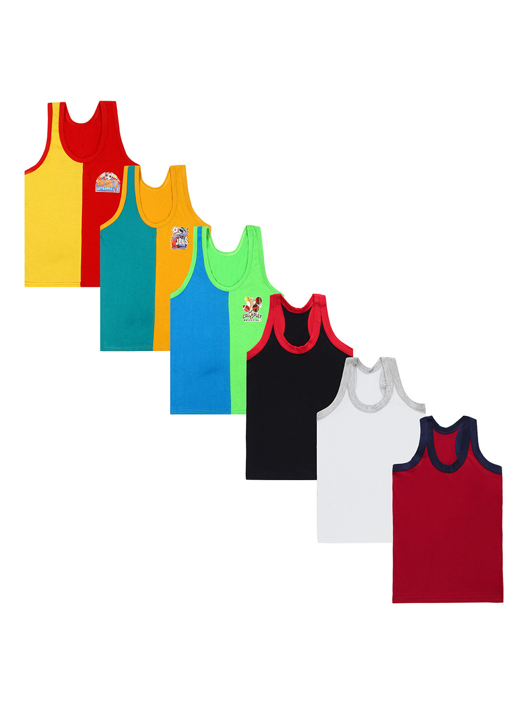 CARELOVE Boys Pack Of 6 Colourblocked Pure Cotton Comfortable Basic Vests