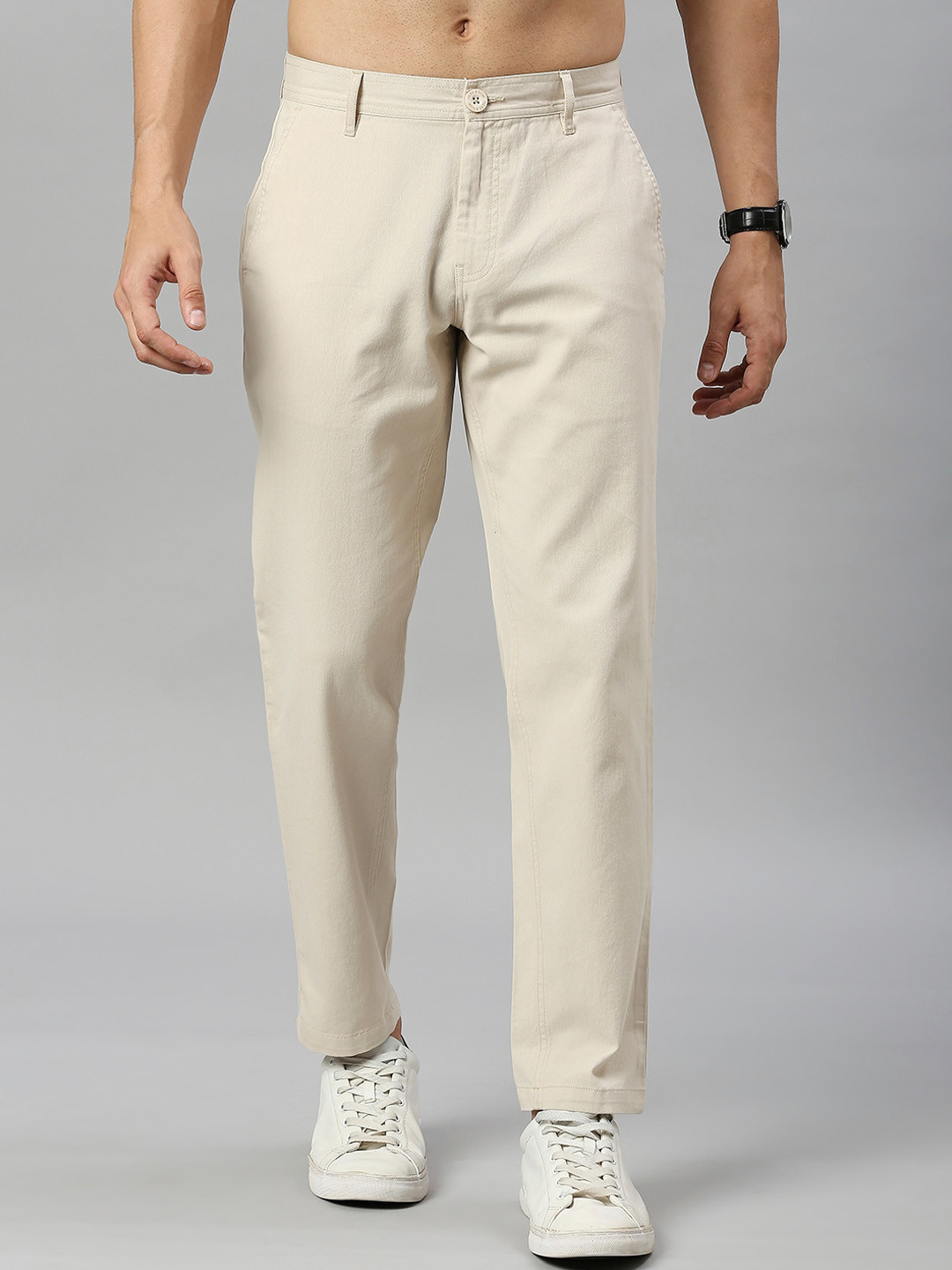 HERE&NOW Men Cream Smart Mid Rise Easy Wash Cotton Slim Fit Trousers