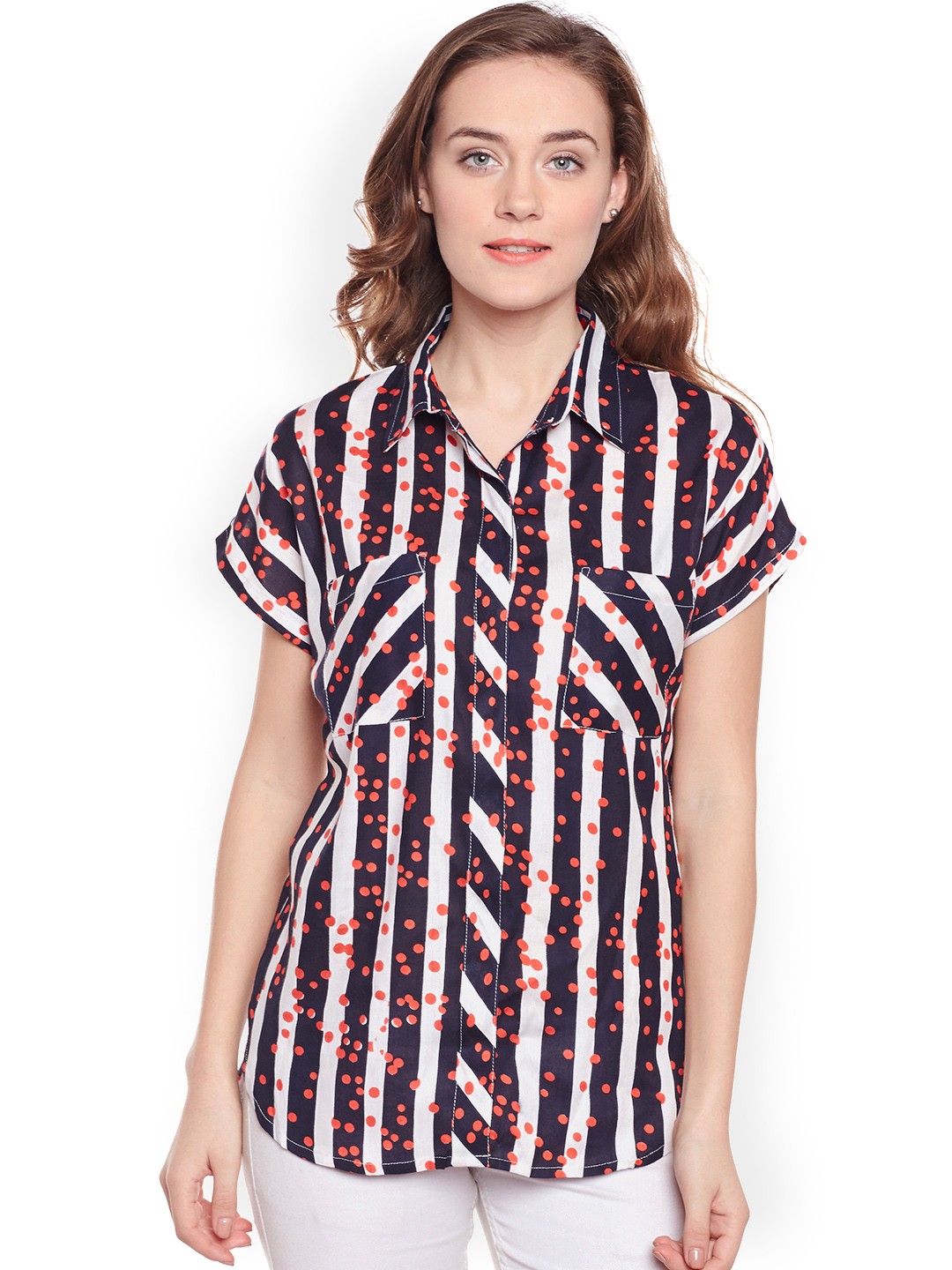 Zastraa Women Off-White & Black Regular Fit Striped Casual Shirt