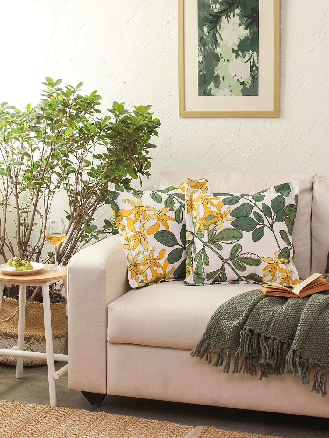 House This Moringa Green 2 Pieces Floral Printed Cotton Square Cushion Covers