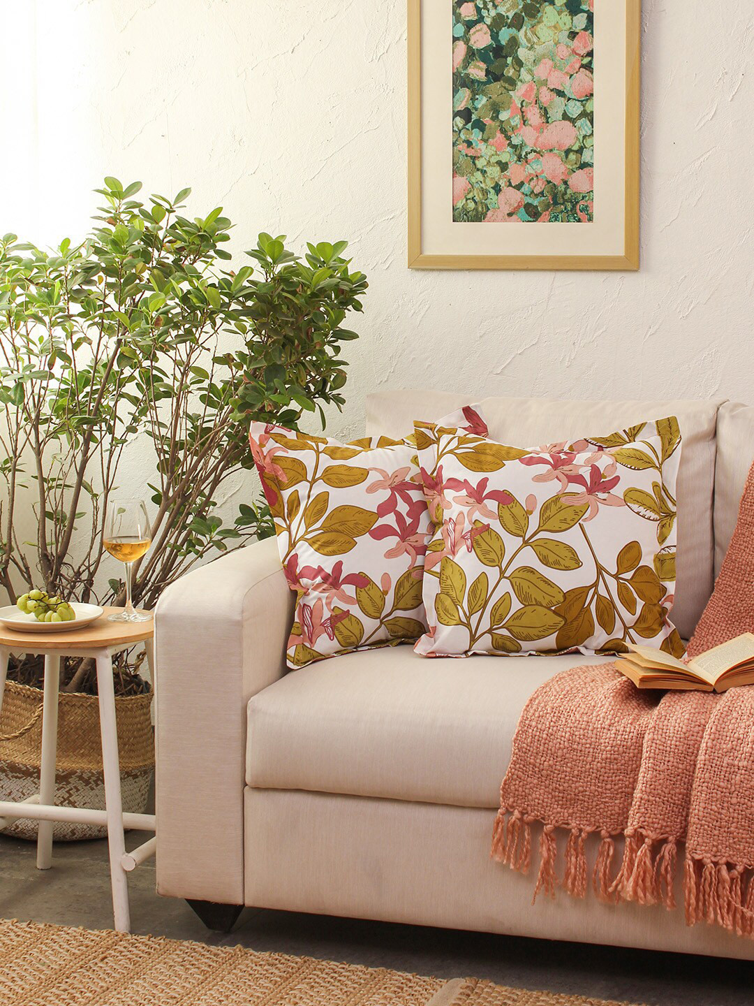 House This Moringa Floral Cotton 2 Pcs Square Cushion Covers - 16 x 16 In