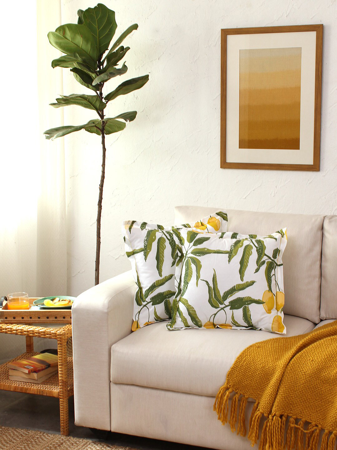 House This Amra Yellow & White 2 Pieces Square Cotton Cushion Covers