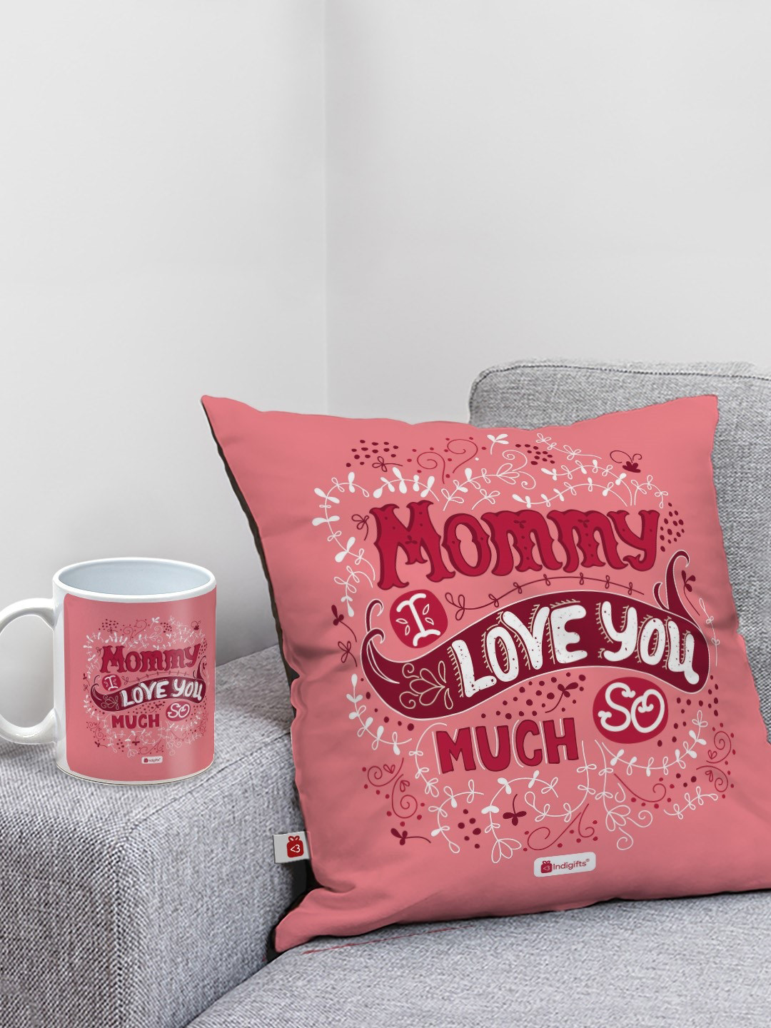 Indigifts Pink & White Mommy I Love You So Much Printed Cushion & Ceramic Coffee Mug