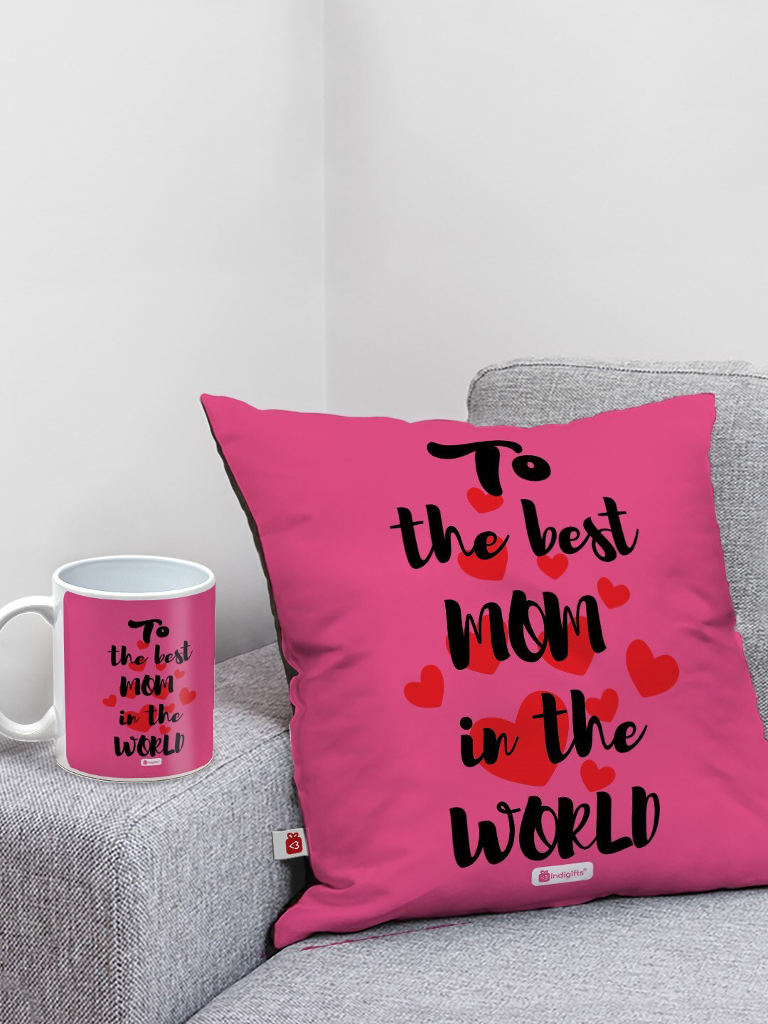 Indigifts Pink & Black 2 Pcs Quote Printed Cushion And Coffee Mug Gift Set