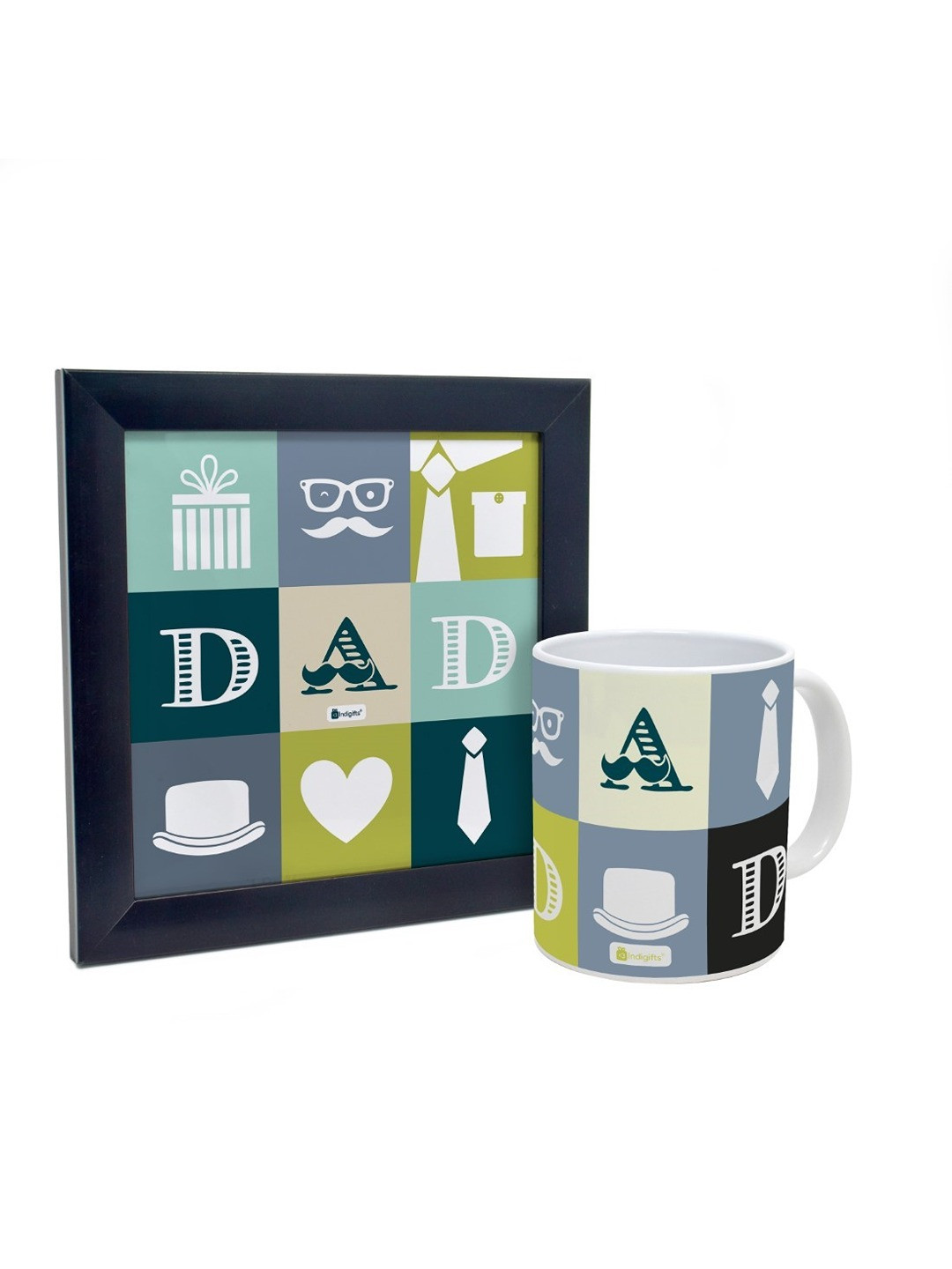 Indigifts Green & Grey 2 Pcs Dad Printed Photo Frame With Coffee Mug Home Gift Sets