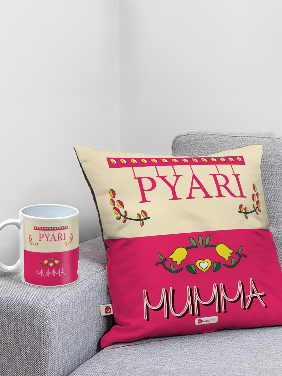 Indigifts 2-Pcs Pink & Cream Quote Printed Cushion And Coffee Mug For Mom Gift Set