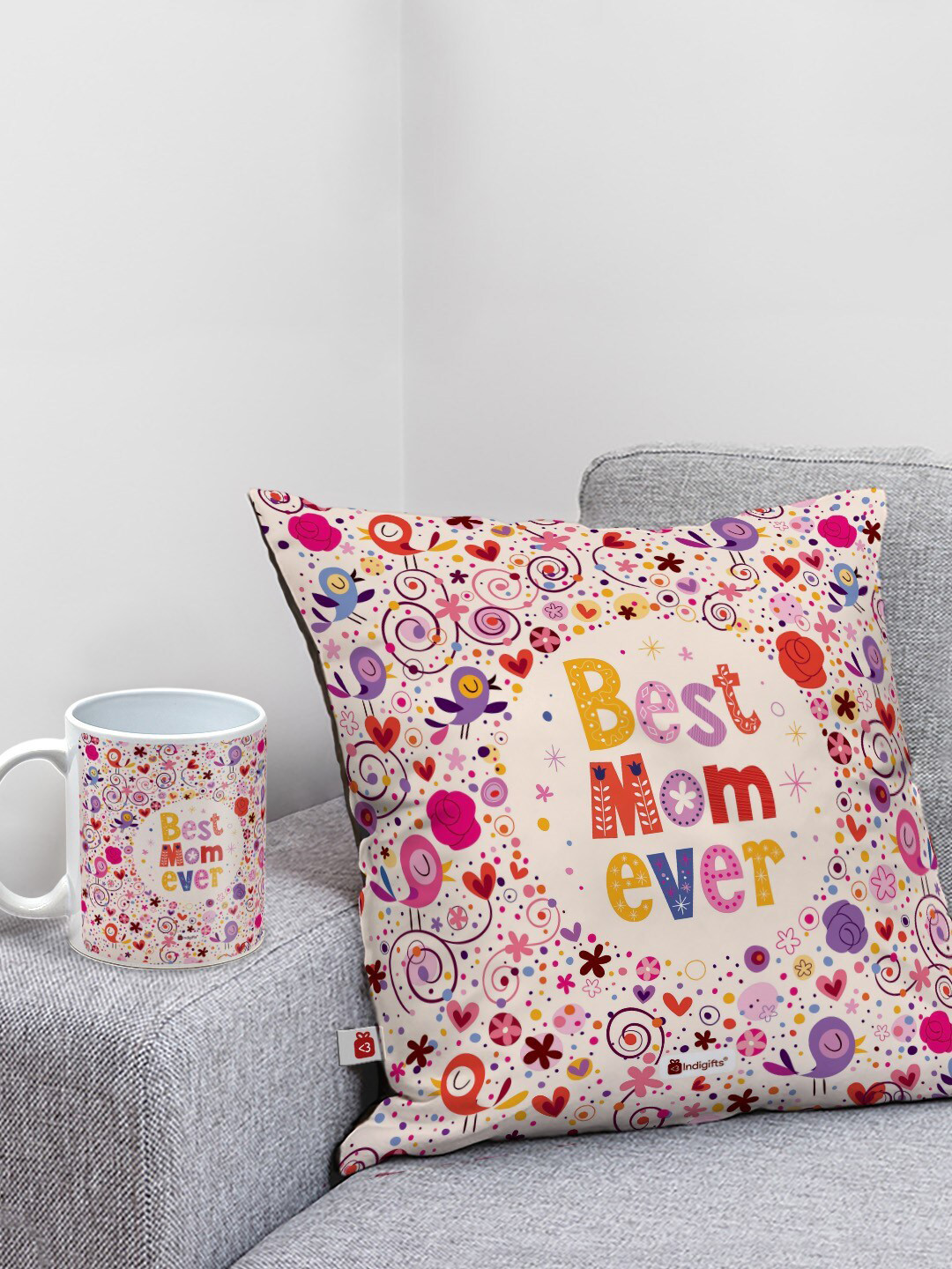 Indigifts Best Mom Ever Printed Pre-Filled Cushion and Ceramic Coffee Mug