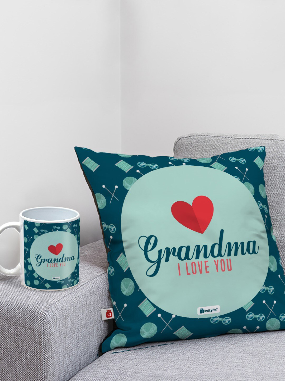 Indigifts 2-Pcs Blue & Red Quote Printed Cushion And Coffee Mug For Grandmother Gift Set