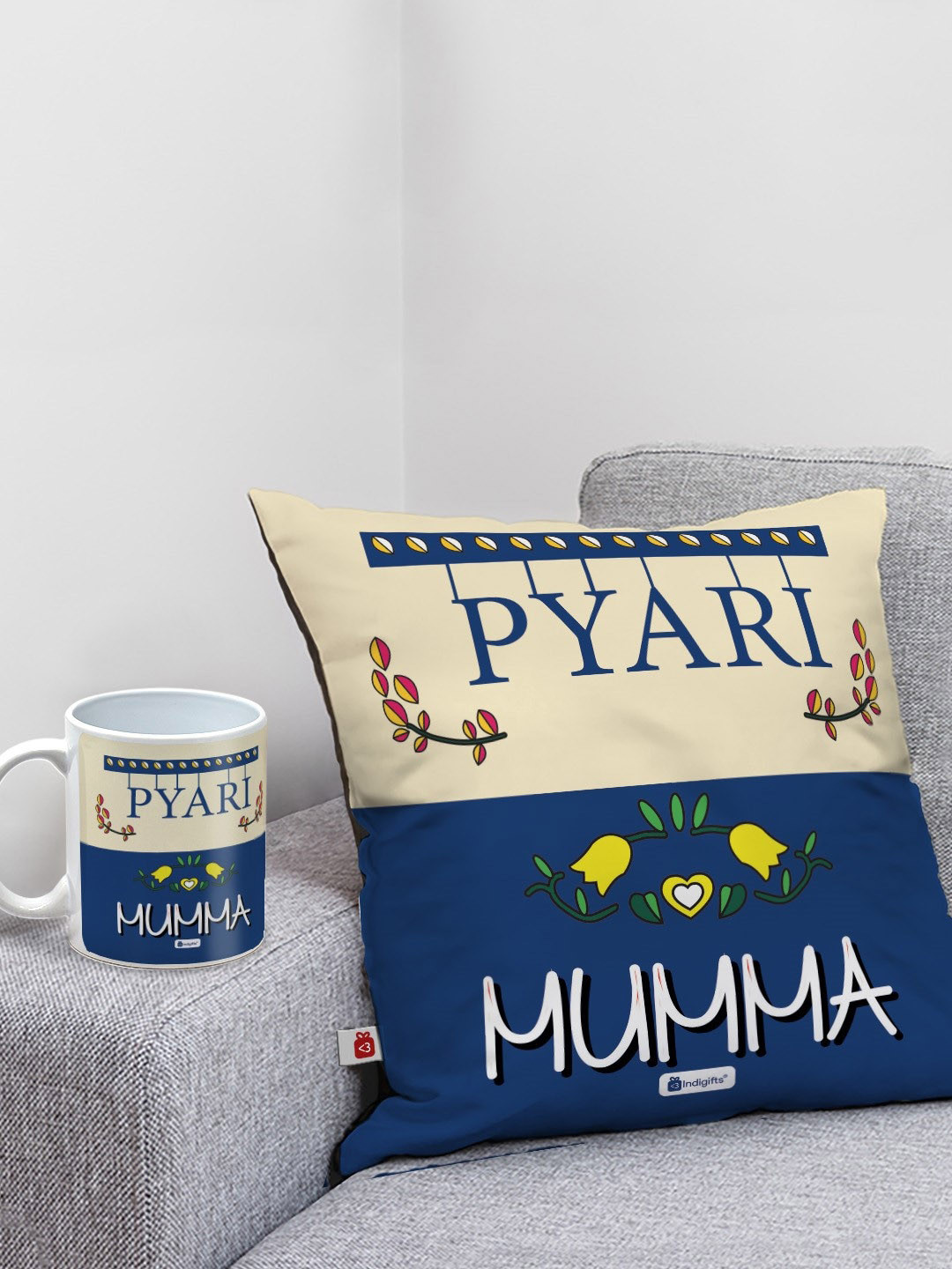 Indigifts Beige & Blue 2 Pcs Quote Printed Cushion And Coffee Mug For Mom Gift Set