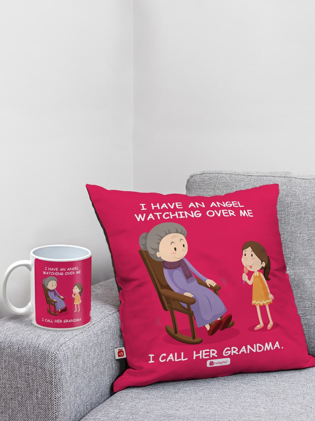 Indigifts 2-Pcs Pink & White Quote Printed Cushion And Coffee Mug Home Gift Set
