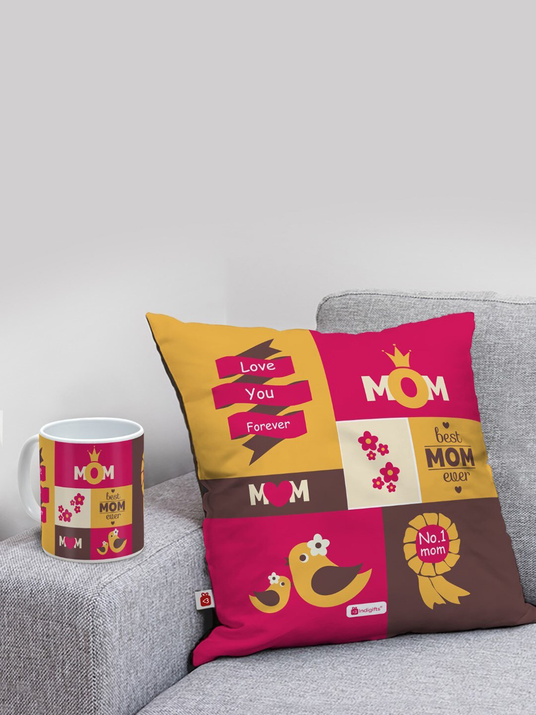 Indigifts Yellow & Pink 2 Pcs Quote Printed Cushion And Coffee Mug For Mom Gift Set